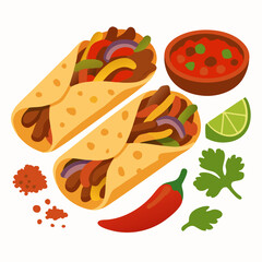 delicious beef tacos with salsa lime chili pepper cilantro on white background