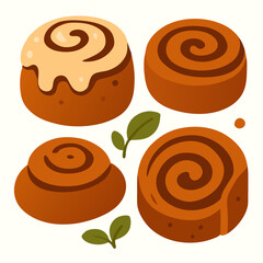 four cinnamon rolls with icing and leaves on white background dessert food