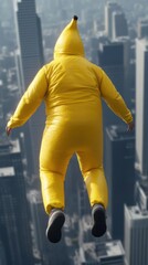 Person in banana costume leaping off a building with city skyline in background