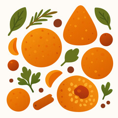 cartoon oranges and leaves on white background