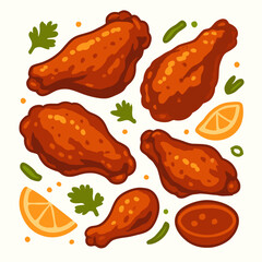 delicious roasted chicken wings with herbs and orange slices on white background