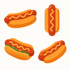 four cartoon hot dogs with various toppings on buns are shown in different orientations on white background for food illustration