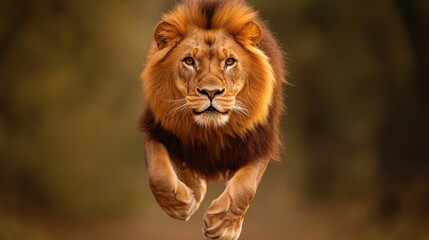 Majestic lion in mid-stride captured with dynamic focus in natural habitat