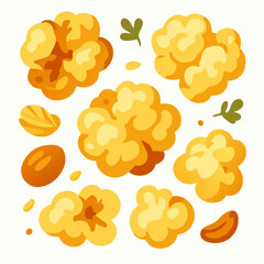 a colorful illustration of popcorn and nuts on a white background in a graphic style for food and snack themes