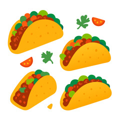 four colorful tacos with lettuce tomatoes on white background for food menu design