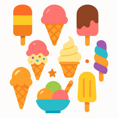 colorful ice cream cones and popsicles arranged with bowl of fruit on white background for dessert or snack concept