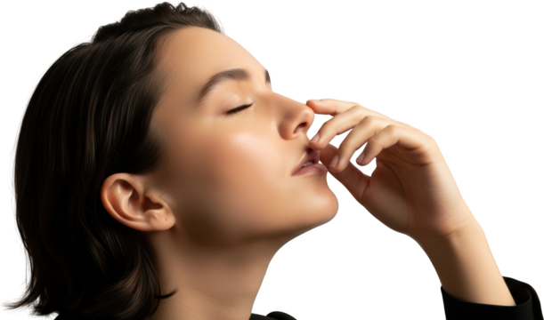 Close up profile of a young woman with closed eyes touching her nose with her fingers Female Closeup transparent background
