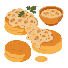 a plate of biscuits smothered in creamy chicken gravy beside a bowl