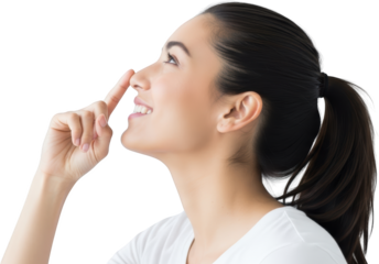 Profile of a young woman touching her nose with a finger smiling upwards Face Smile Female Beauty People transparent background