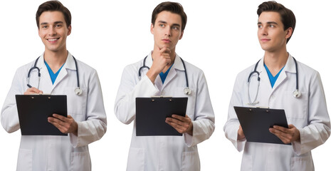 Three views of a smiling young male doctor in a white coat holding a clipboard and stethoscope medical transparent background