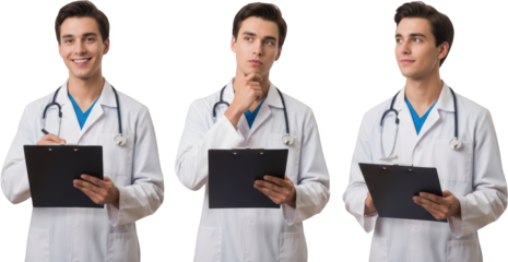 Three views of a smiling young male doctor in a white coat holding a clipboard and stethoscope medical transparent background