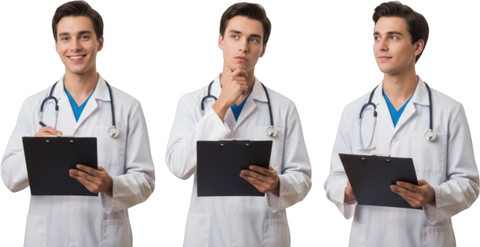 Three views of a smiling young male doctor in a white coat holding a clipboard and stethoscope medical transparent background - Powered by Adobe