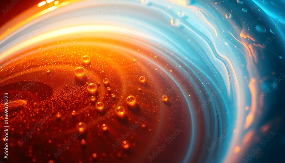 Poster abstract artwork featuring swirling orange and blue liquid with bubbles, creating a dynamic and colo