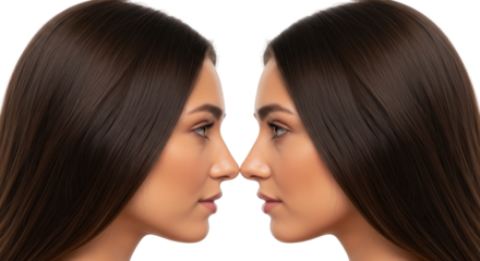 Twin profiles of a young woman facing each other showcasing side views of her nose and profile profile view transparent background
