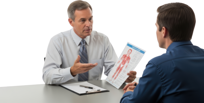 Doctor explains human anatomy diagram to patient during consultation isolate human body medical healthcare