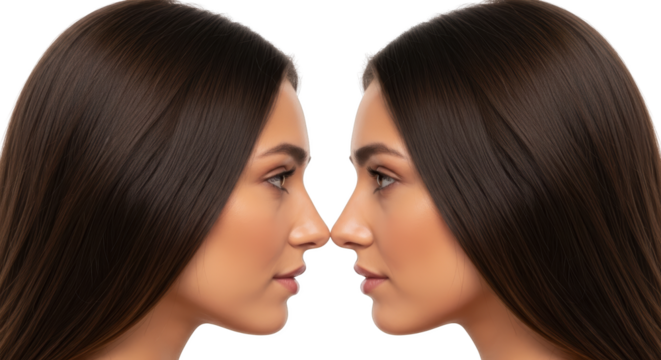 Twin profiles of a young woman facing each other showcasing side views of her nose and profile profile view transparent background