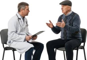 Doctor with stethoscope consults an elderly man in a cap discussing something with expressive hand gestures isolate