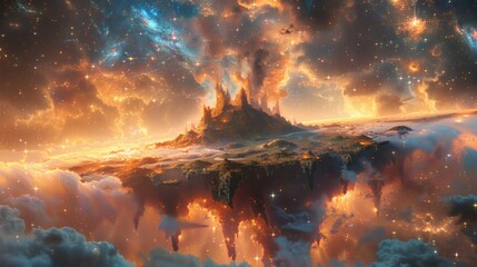 Naklejka premium Fantasy Floating Island in the Sky – Mystical Garden World above the Clouds