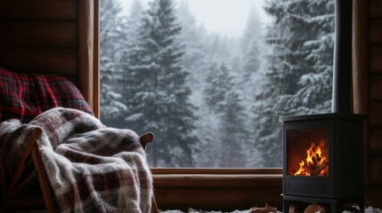 Cozy cabin corner with fireplace overlooking snowy winter forest through large windows