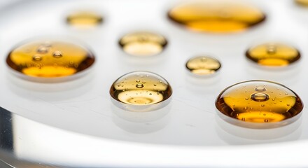 Stunning macro of glistening amber liquid drops on reflective surface, elegant