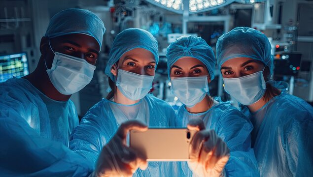 Surgical team taking a selfie in operating room