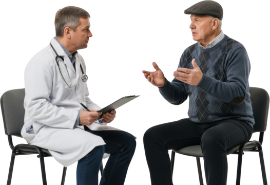 Doctor with stethoscope consults an elderly man in a cap discussing something with expressive hand gestures isolate