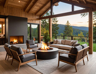 Modern outdoor patio with fire pit and fireplace, wooden furniture with cushions, surrounded by forest and mountain view, cozy and inviting atmosphere at sunset