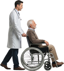 A Doctor In A White Coat Pushes An Elderly Man Seated In A Wheelchair Isolated On A Transparent Background Transparent Background