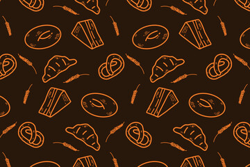 Seamless hand-drawn bakery pastry pattern with croissant, pretzel, bread, cheese, and wheat sketch icons in black and white.