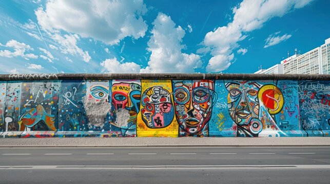 Colorful graffiti art adorns a section of the Berlin Wall,  a sunny day