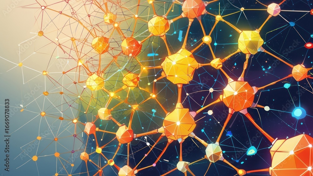 Poster a vibrant illustration showcases a complex network of interconnected geometric shapes, highlighted b