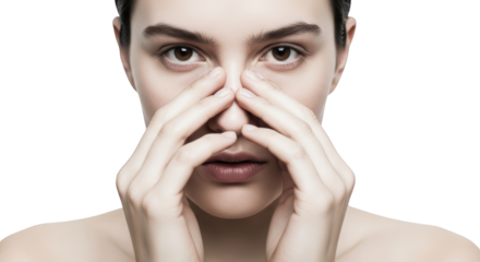 Close up of a young woman's face with hands covering nose and mouth beauty skin closeup female portrait transparent background