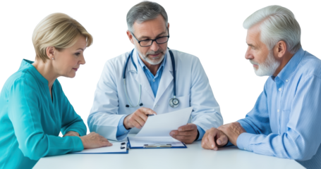 Doctor consults with a female patient and an older male patient discussing medical documents with a stethoscope visible transparent background
