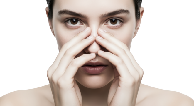 Close up of a young woman's face with hands covering nose and mouth beauty skin closeup female portrait transparent background