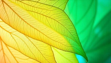 Obraz premium Close-up of translucent leaves with visible veins, displaying a gradient of yellow and green hues.