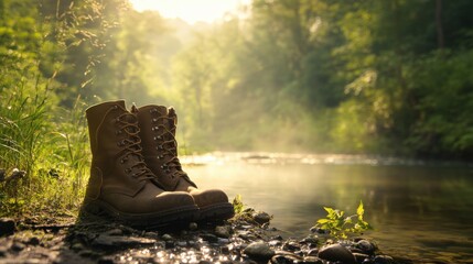 Pair of hiking boots by a serene riverbank in sunlit forest landscape