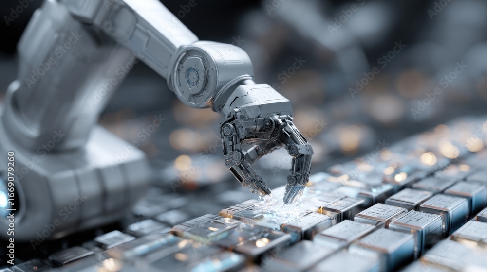 Poster a dynamic image of a robotic arm adapting to the precise assembly of magnesiumcement panels conveyin