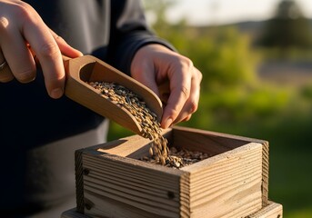 Hands pour seeds from a wooden scoop into a small wooden bird feeder box outdoors in natural light.