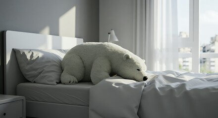 Fuzzy polar bear plushie sleeping in a minimalist modern apartment bed