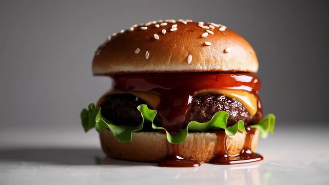 A juicy hamburger with melted cheese, fresh lettuce, and tangy sauce drips down a toasted sesame bun. This close-up shot highlights mouthwatering textures and the irresistible appeal of classic fast f