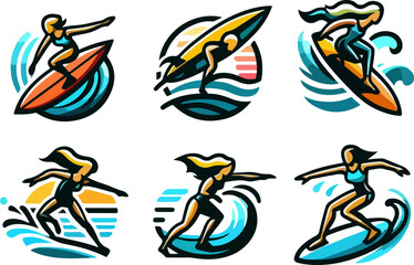 sketch vector illustration image design collection of icons logo symbols character sportsman surfing on the waves cool modern abstract style model