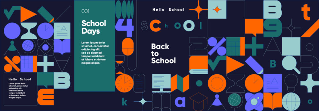 Abstract educational background featuring geometric shapes and symbols in vibrant colors. Perfect for back-to-school themes, educational materials, and creative projects.