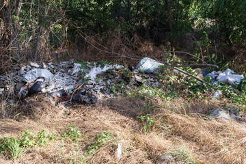 Pile of garbage in nature, including plastic bottles, bags, broken glass, and construction debris among dry grass and trees. Environmental pollution, waste management problem.