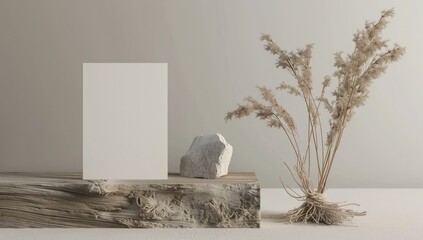 Blank card mockup, wood, neutral background, pampas grass, design
