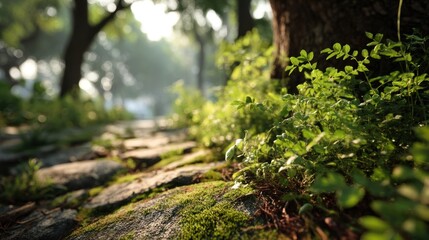 Nature's Pathway: Lush Greenery on Stone