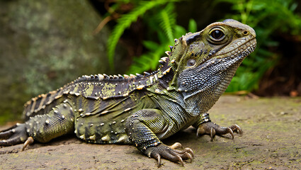 Obraz premium A detailed closeup of a tuatara lizard basking on a textured rock surface with lush green foliage in the background
