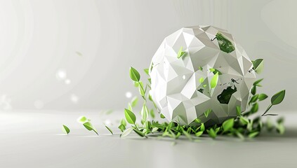 Sustainable Earth  Geometric globe sprouting leaves, light background, environmental concept, website banner