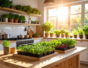 Young green seedlings growing in trays on wooden kitchen island with sunlight streaming through large windows, surrounded by potted herbs and plants creating fresh and vibrant atmosphere