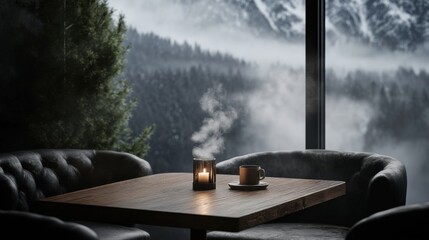 Cozy mountain café with coffee and candle on wooden table by misty winter window