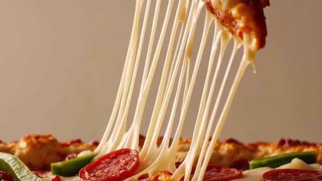 A hot, cheesy slice of pepperoni pizza is lifted from the pie, with long, gooey cheese strings stretching between slices. This mouthwatering video captures the irresistible appeal of fresh-baked pizza